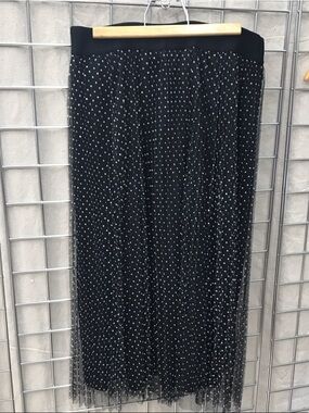 DKNY Black Midi Skirt with Silver Polka Dot Mesh Overlay